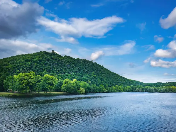 Yeşil yaz ormanı ve mavi göl manzarası.