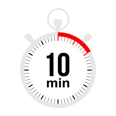 10 dakika kaldı. Düz stil kronometre sembolü. Kronometre beyaz arka planda izole edildi. vektör illüstrasyonu