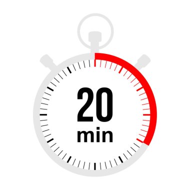20 dakika kaldı. Düz stil kronometre sembolü. Kronometre beyaz arka planda izole edildi. vektör illüstrasyonu