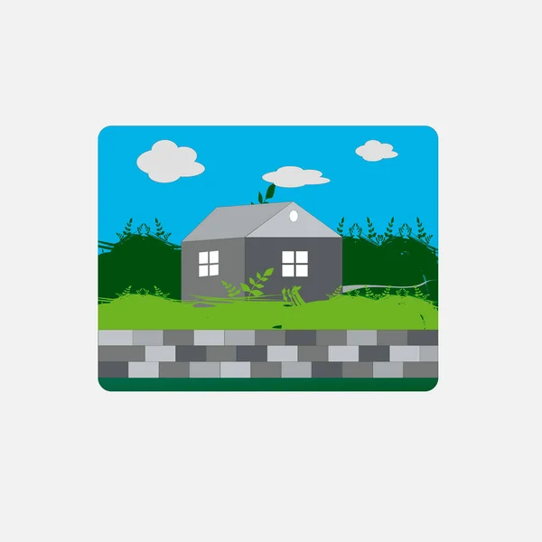 Пейзаж Дом Зеленая Трава Облако Кирпичный Забор — стоковый вектор