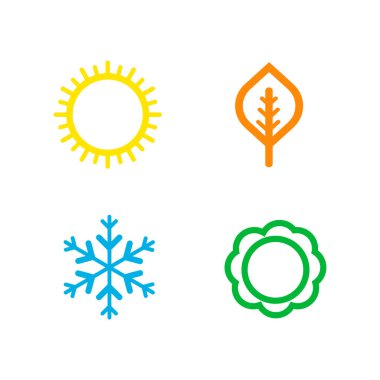 Bir dizi renkli mevsim ikonu. Mevsimler - kış, bahar, yaz ve sonbahar. Hava tahmini işareti. Mevsim basit elementler konsepti