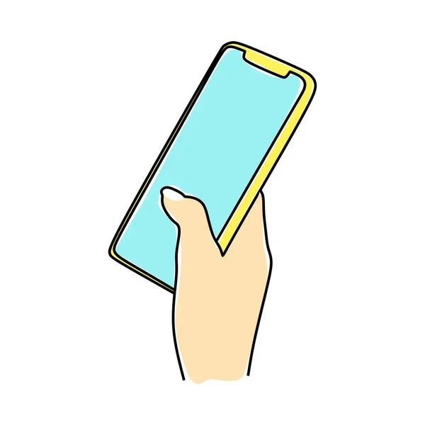 携帯電話を持っている手 パッチ付きスマートフォンのリニアイラストを持っている人 手と電話のベクトル — ストックベクタ