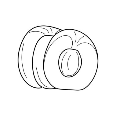 Kayısı doğrusal illüstrasyon. Şeftali el yapımı karalama stili. Beyazın üzerindeki siyah çizgi. Tam ve dilimlenmiş şeftali