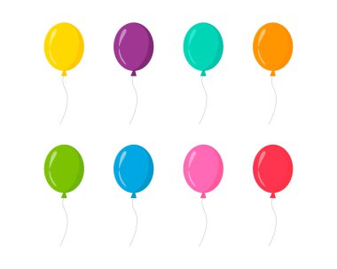 Çizgi film tarzında balon. Doğum günü ve parti için bir sürü balon. İple uçan balon. Beyaz zemin üzerinde mavi, kırmızı, sarı ve yeşil top izole. Kutlama ve karnaval için düz simge. Vektör