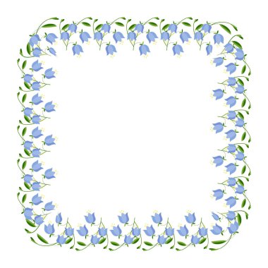 Beyaz arkaplanda çan çiçeği vektör çerçevesi. Suluboya efektleri. Doğal kozmetik ürünleri, sağlık ürünleri vesaire tasarımı. e. Ürününüzün metin ve resimleri için boşluk.