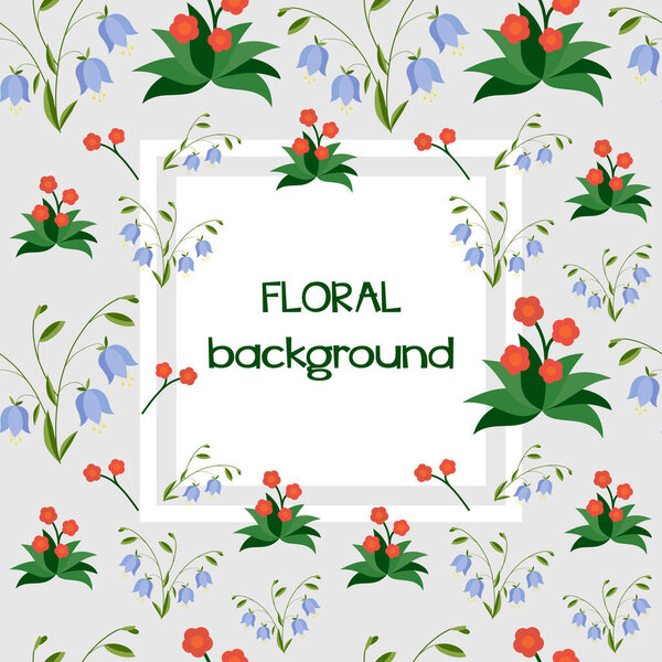Beautiful floral frame. Square card background design with flowers. Floral background. Colored flat vector illustration.
