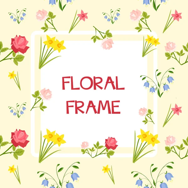 Schöner Floraler Rahmen Quadratische Karte Hintergrund Design Mit Blumen Rose — Stockvektor