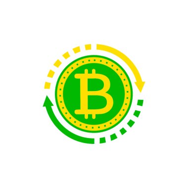 Bitcoin yatırım ikonu. Kripto para biriminde karlı bir yatırım. Yeşil ve sarı okları olan bitcoin tasarımı. Bitcoin uluslararası ağ pazarlama kavramı. modern vektör illüstrasyonu.