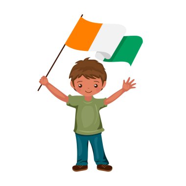 Fildişi Sahili bayraklı çocuk, Fildişi Sahili 'nin bayrağını düz bir şekilde elinde tutuyor. vektör illüstrasyonu.