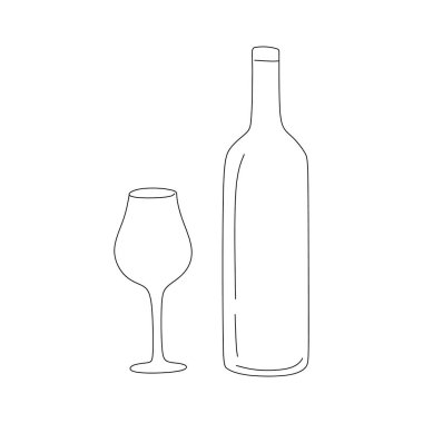 Bir şişe şarap ve bir kadeh şaraplı el çizimi. vektör illüstrasyonu.
