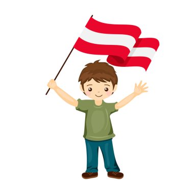 Avusturya bayrağı taşıyan çocuk, Avusturya bayrağını düz bir şekilde elinde tutuyor. vektör illüstrasyonu.