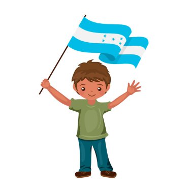 Honduras bayrağı taşıyan çocuk, Honduras bayrağını düz bir şekilde elinde tutuyor. vektör illüstrasyonu.
