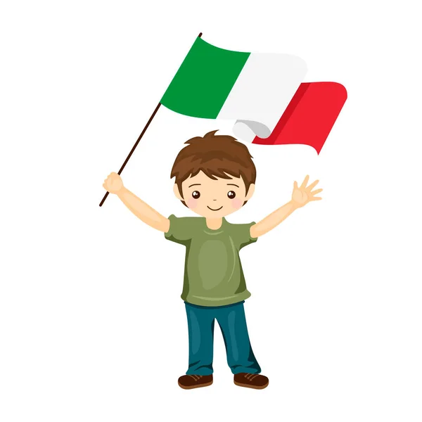 Ragazzo Con Bandiera Italia Bel Bambino Tiene Mano Bandiera Italia — Vettoriale Stock