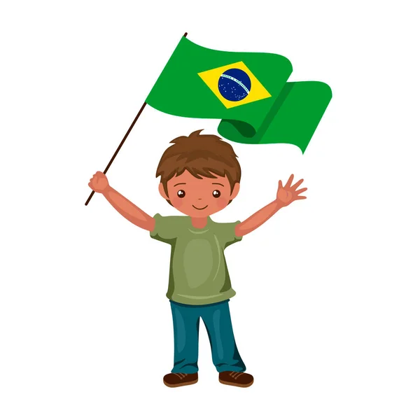 Chłopiec Flagą Brazylia Piękne Małe Dziecko Trzyma Flagę Brazylii Jego — Wektor stockowy