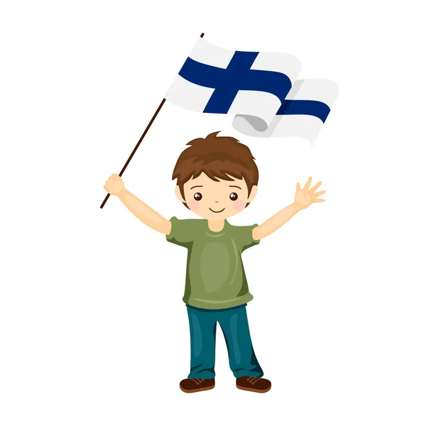 Мальчик Флагом Финляндии Красивый Маленький Ребенок Держит Флаг Финляндии Руке — стоковый вектор
