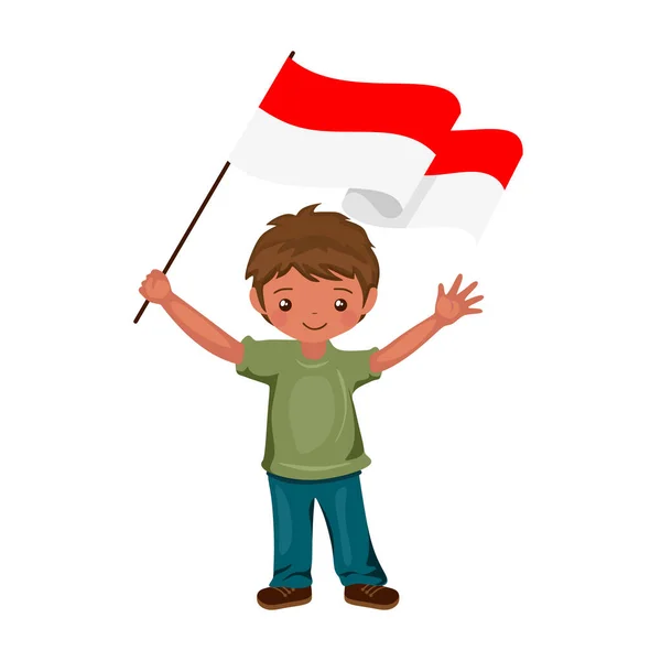 Pojke Med Flaggan Indonesien Ett Vackert Litet Barn Håller Indonesiens — Stock vektor