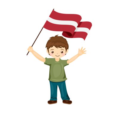 Letonya bayrağı taşıyan çocuk, Letonya bayrağını düz bir şekilde elinde tutuyor. vektör illüstrasyonu.