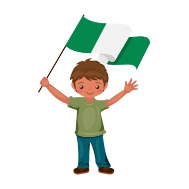 Nijerya bayrağı taşıyan çocuk, Nijerya bayrağını düz bir şekilde elinde tutuyor. vektör illüstrasyonu.