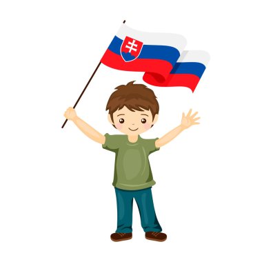 Slovakya bayrağı taşıyan çocuk, Slovakya bayrağını düz bir şekilde elinde tutuyor. vektör illüstrasyonu.