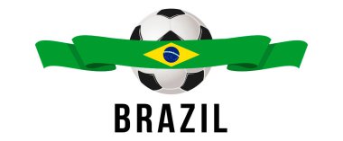 Top Brezilya Bayrağı 'nda. Beyaz arka planda Brezilya bayrağıyla futbol topu. Pankart ve poster için vektör illüstrasyonu.