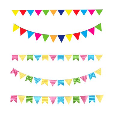  Beyaz arka planda kiraz kuşları. Çok renkli parlak kiraz kuşları. Bunting çelenk vektörü E10.