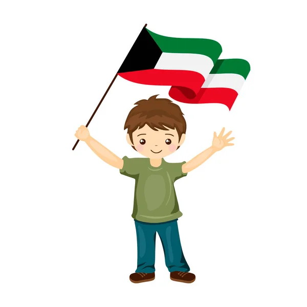 クウェートの旗を持つ少年は 美しい小さな子供がフラットなスタイルで彼の手にクウェートの旗を保持します ベクターイラスト — ストックベクタ