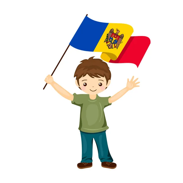 Chłopiec Flagą Mołdawii Piękne Małe Dziecko Trzyma Flagę Mołdawii Jego — Wektor stockowy