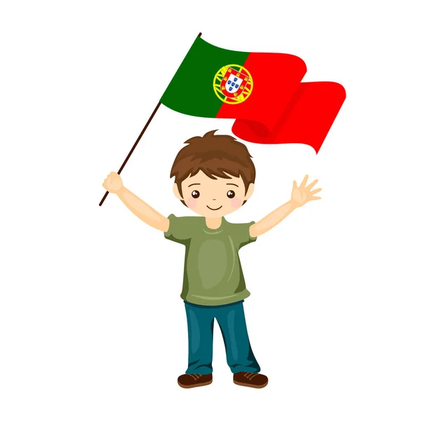 Chłopiec Flagą Portugalia Piękne Małe Dziecko Trzyma Flagę Portugalii Jego — Wektor stockowy
