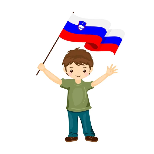 Pojke Med Flaggan Slovenien Ett Vackert Litet Barn Håller Sloveniens — Stock vektor