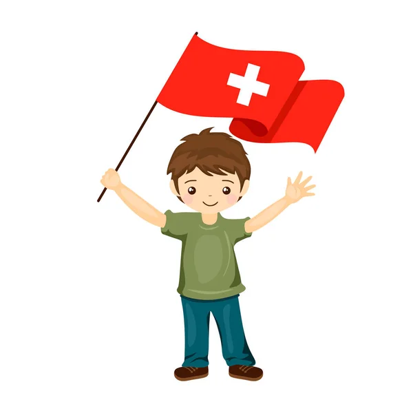 Мальчик Флагом Швейцарии Красивый Маленький Ребенок Держит Флаг Швейцарии Руке — стоковый вектор