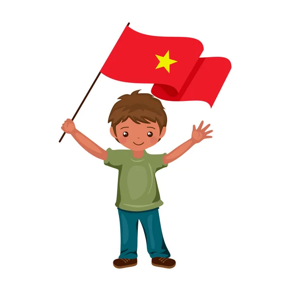 Niño Con Bandera Vietnam Niño Pequeño Hermoso Sostiene Bandera Vietnam — Vector de stock