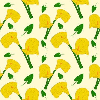 Calla Lily Çiçekleri kusursuz desen. Calla Lily 'nin parmak izi için kusursuz bir geçmişi var. Sarı çiçek arka planı. vektör illüstrasyonu