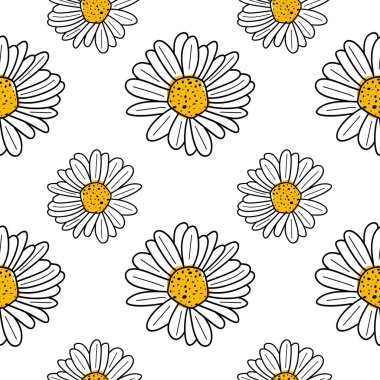 Papatya çiçekleri kusursuz desen. Doğrusal papatya çayı deseni, basılabilir arka plan. Vektör illüstrasyonu