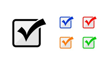 Kutudaki kutuya bak. İşaretleme kutusu simgesi. İz vektör simgesini kontrol et. İşaret simgesini işaretle. Doldurulmuş simge. Renkli düz dizayn seti