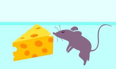 Peynir ve fare vektörü. Güzel bir fare mavi arka planda peynir yer. Vektör illüstrasyonu