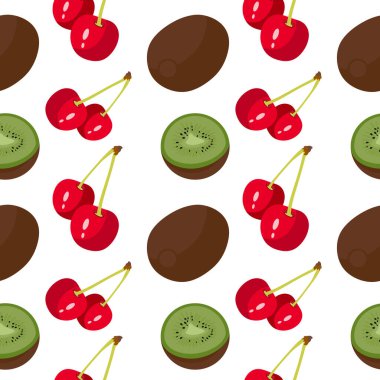 Kiraz ve kivi pürüzsüz desen. Kivi ve kirazlı meyveler parmak izi için kusursuz desen. Beyaz arka planda meyveler. vektör illüstrasyonu