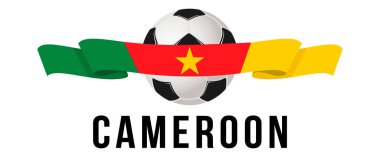 Kamerun bayrağıyla futbol topu minimum tasarımı. Kurdelesinde Kamerun yazan bir futbol topunda Kamerun bayrağı. Vektör illüstrasyonu E10