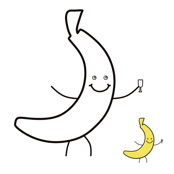 Cheerful Cartoon Banana Character Hand Glass Drink Linear Illustration Coloring — Stock Vector