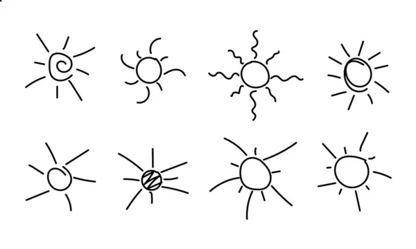 Kolekcja Ręcznie Rysowanych Symboli Słońca Różne Style Bazgrołów — Wektor stockowy