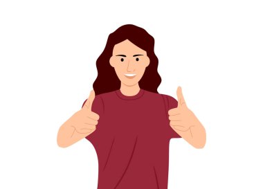 Sevimli kız başparmağını kaldırıyor. Uzun saçlı, genç, neşeli bir kadın beyaz arka planda baş parmağını gösteriyor.