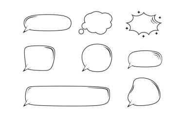 Beyaz arka planda siyah çizgileri olan boş kabarcıklar ve elementler. Karikatür karikatürü konuşma baloncukları vektör çizimi. numaralandırma konuşması izole edildi