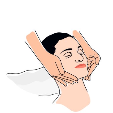 Anti aging Masaj, Güzellik yüz yordamı, spa terapi vektör çizim beyaz bir arka plan sahip genç kadın