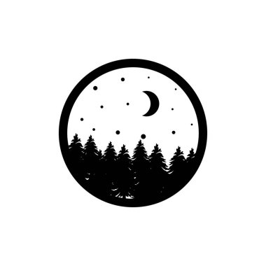 Daire şeklinde akşam manzarası sembolü. Ağaçlar gökyüzü ve ay vektör çizimi. seyahat şirketi logosu
