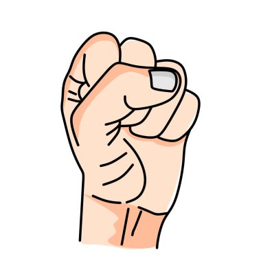 Sıkıştırılmış yumruk. Logo etiket tasarımı, kazanma konsepti. İnsan elini havaya kaldır. Arka taraf. vektör illüstrasyonu