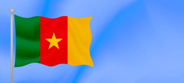 Mavi gökyüzüne doğru dalgalanan Kamerun bayrağı. Fotokopi uzaylı Kamerun bayrağı ile yatay pankart tasarımı. Vektör illüstrasyonu