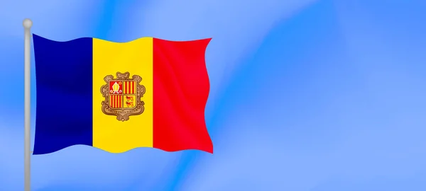 Bandera Andorra Ondeando Contra Cielo Azul Diseño Banner Horizontal Con — Vector de stock