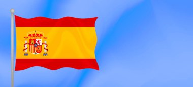 Flag of Spain waving against the blue sky. Horizontal banner design with Spain flag with copy space. Vector illustration clipart