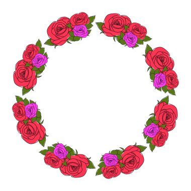 Çember şeklinde çiçekli bir çerçeve. Kırmızı ve pembe gül yuvarlak çerçeve. Çiçek süsü, dekoratif çerçeve, çiçek süsü, dekoratif elementler, bahar, çiçekler, tomurcuklar, yaprak, bitkiler..