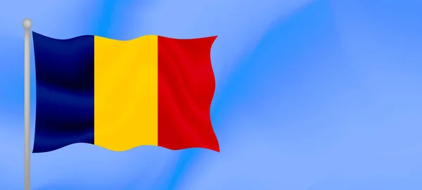 Bandera Rumania Ondeando Contra Cielo Azul Diseño Banner Horizontal Con — Vector de stock