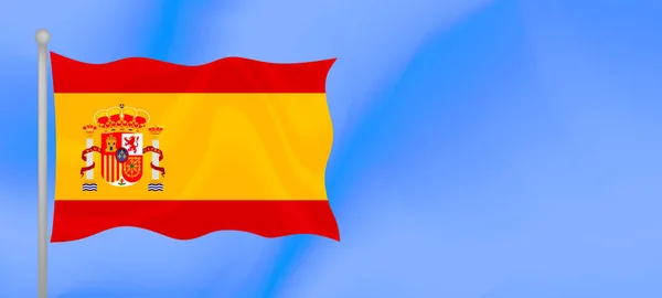 Bandeira Espanha Acenando Contra Céu Azul Design Banner Horizontal Com — Vetor de Stock